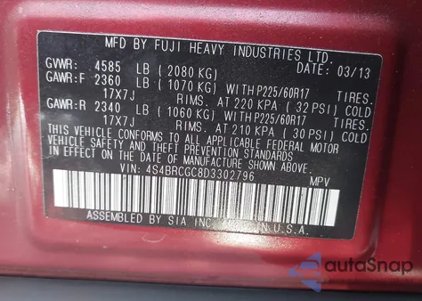 2013 Subaru Outback 2.5I Premium из США, поврежденный, VIN 4S4BRCGC8D3302796